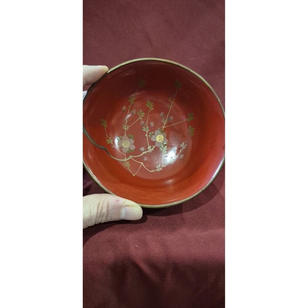KARAVAN Occupied Japan Red Japanese  5" Lacquer Wave Bowl Plum Blossom 1945-1952